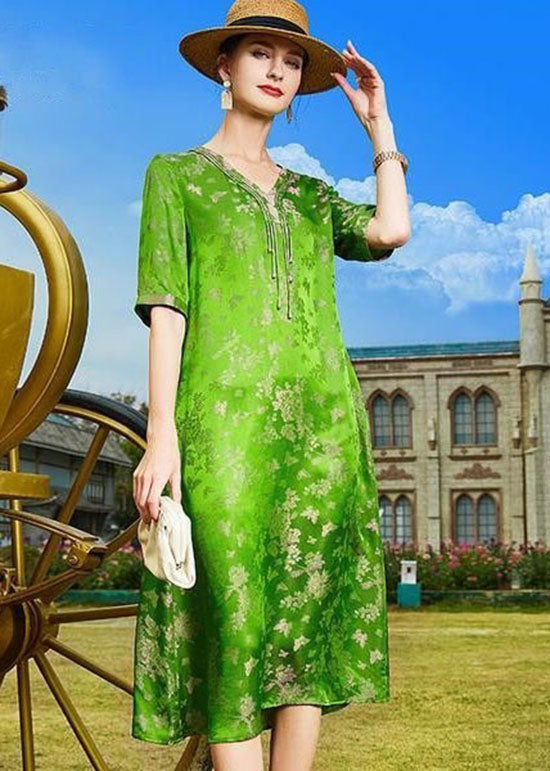 DIY Green V Neck Tasseled Print Patchwork Silk Dresses Summer LC0217 - fabuloryshop