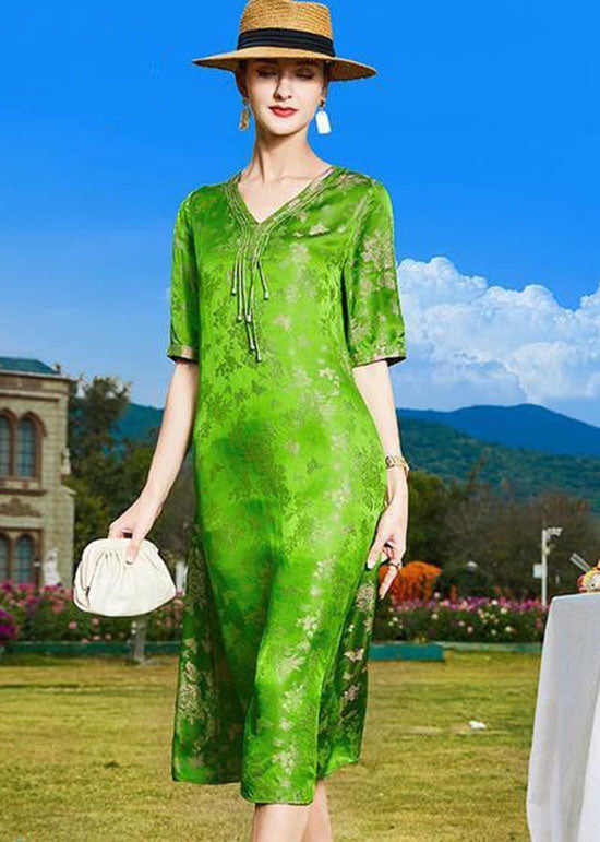 DIY Green V Neck Tasseled Print Patchwork Silk Dresses Summer LC0217 - fabuloryshop