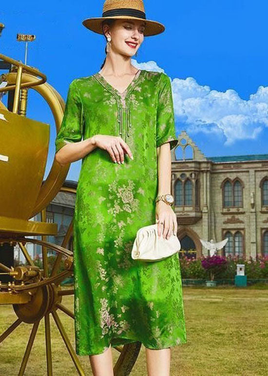 DIY Green V Neck Tasseled Print Patchwork Silk Dresses Summer LC0217 - fabuloryshop