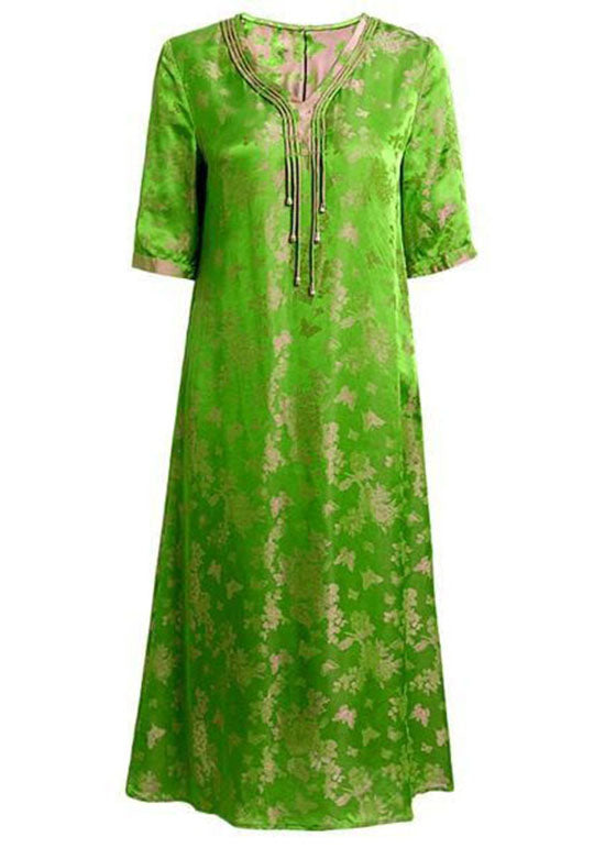 DIY Green V Neck Tasseled Print Patchwork Silk Dresses Summer LC0217 - fabuloryshop