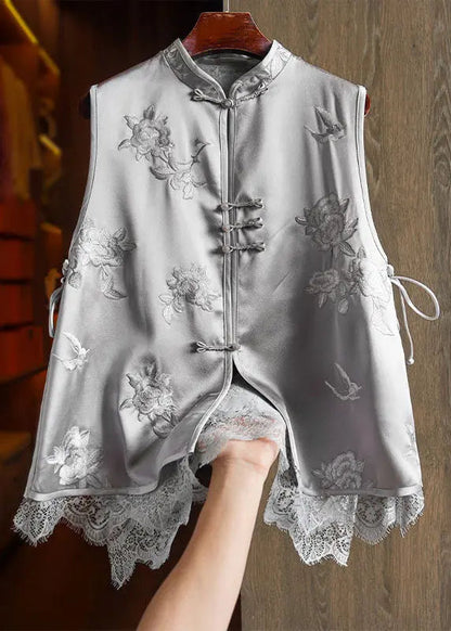 DIY Grey Embroideried Lace Patchwork Button Silk Coats Sleeveless Ada Fashion