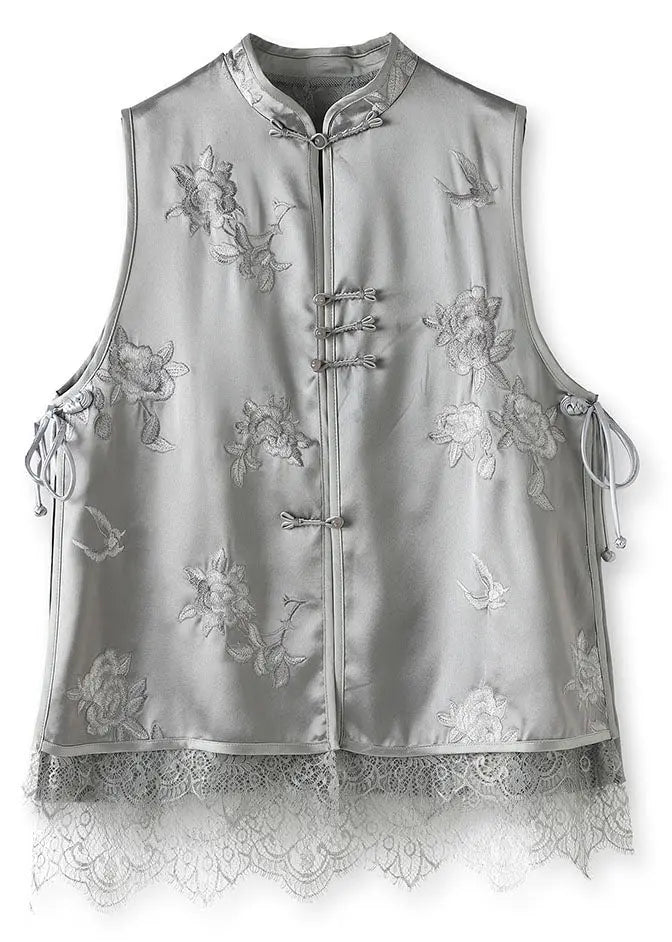 DIY Grey Embroideried Lace Patchwork Button Silk Coats Sleeveless Ada Fashion