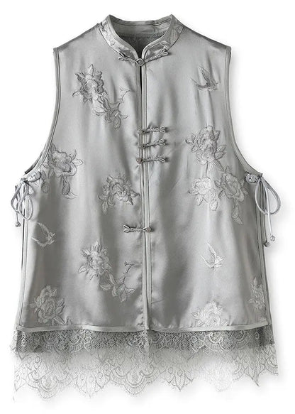 DIY Grey Embroideried Lace Patchwork Button Silk Coats Sleeveless Ada Fashion