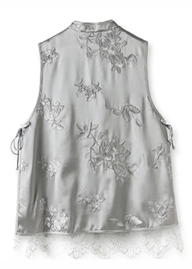 DIY Grey Embroideried Lace Patchwork Button Silk Coats Sleeveless Ada Fashion