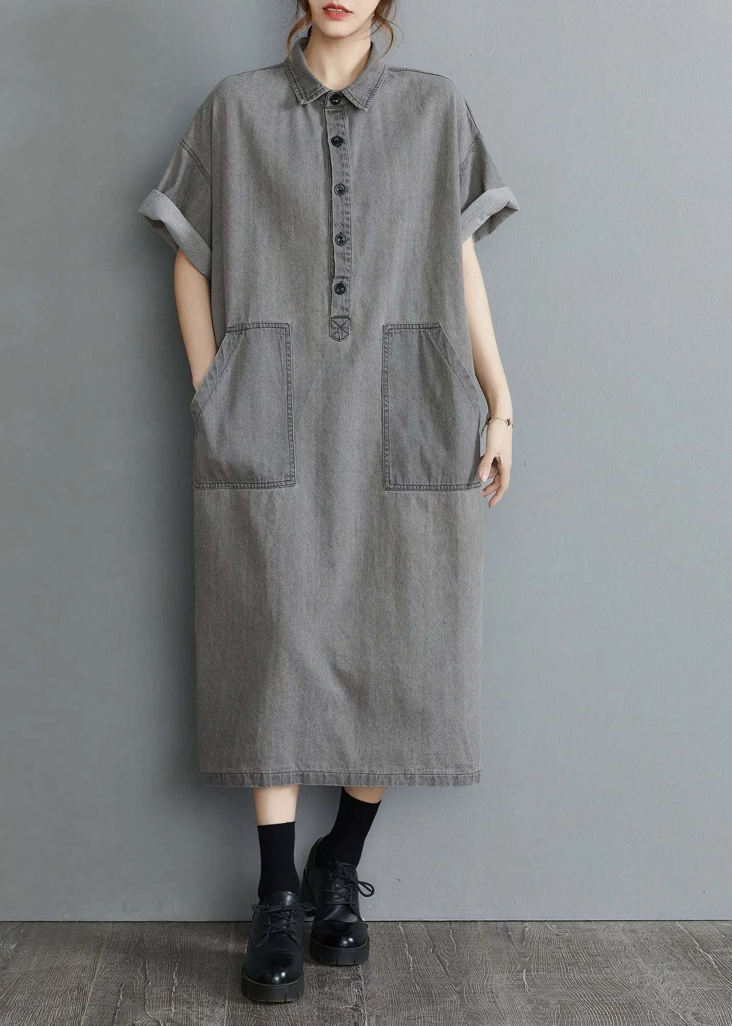 DIY Grey Oversized Pockets Side Open Denim Vacation Dress Summer Ada Fashion