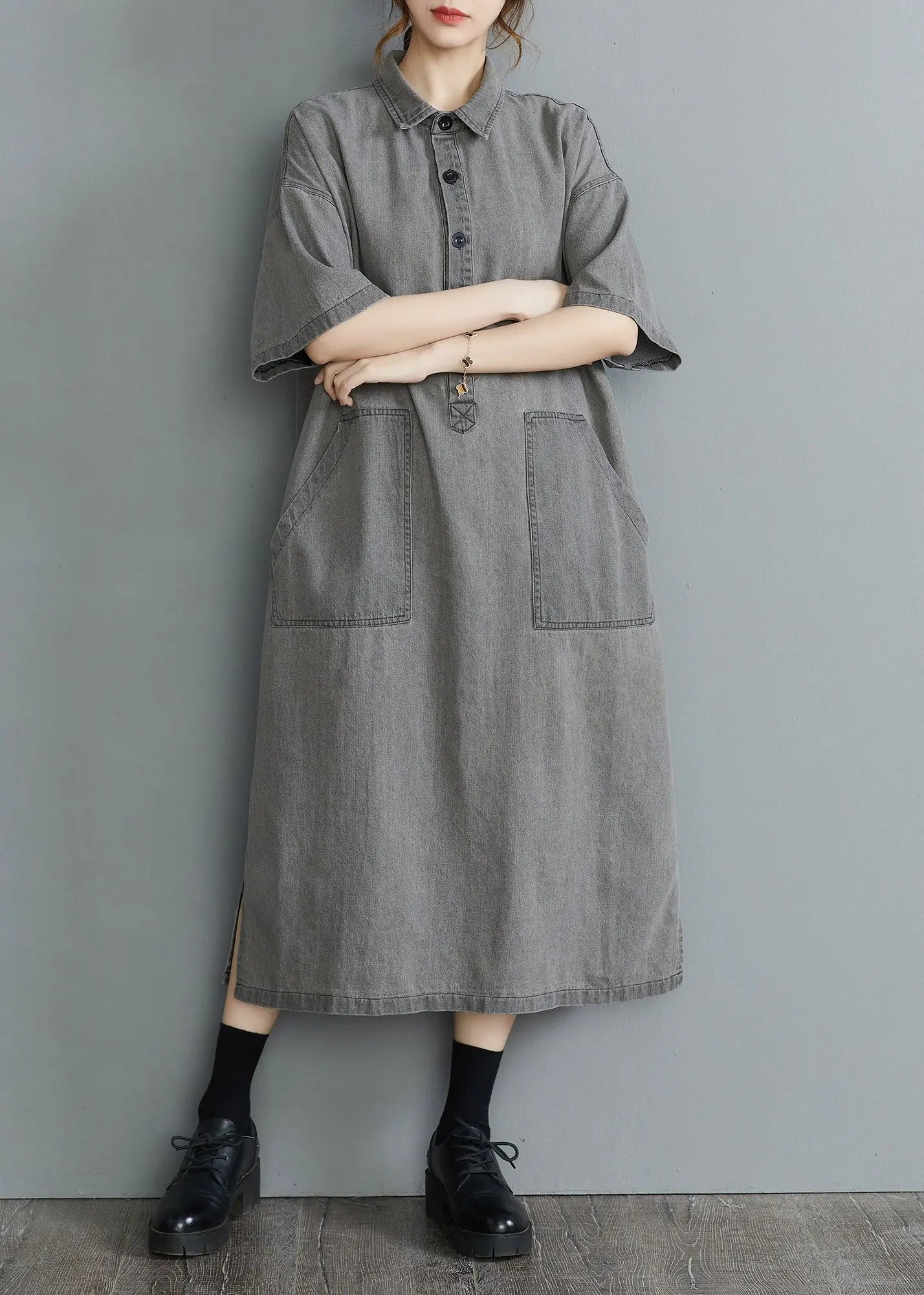 DIY Grey Oversized Pockets Side Open Denim Vacation Dress Summer Ada Fashion