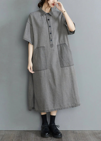 DIY Grey Oversized Pockets Side Open Denim Vacation Dress Summer Ada Fashion