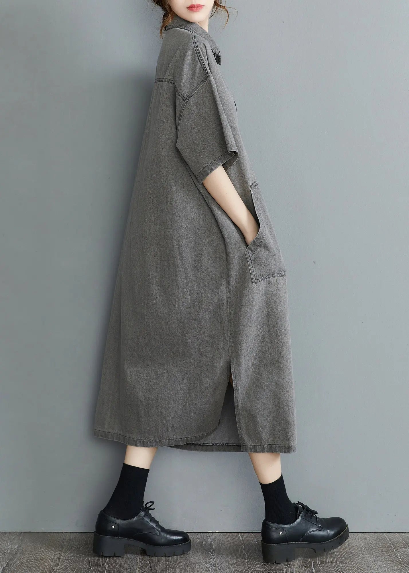 DIY Grey Oversized Pockets Side Open Denim Vacation Dress Summer Ada Fashion