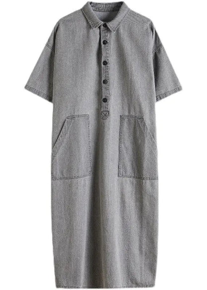 DIY Grey Oversized Pockets Side Open Denim Vacation Dress Summer Ada Fashion