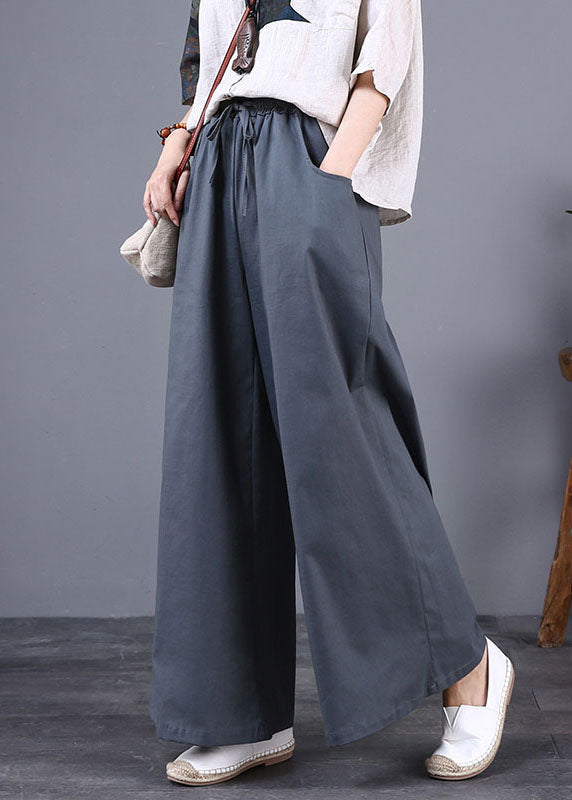 DIY Grey Pockets Elastic Waist Patchwork Cotton Wide Leg Pants Summer LY5673 - fabuloryshop