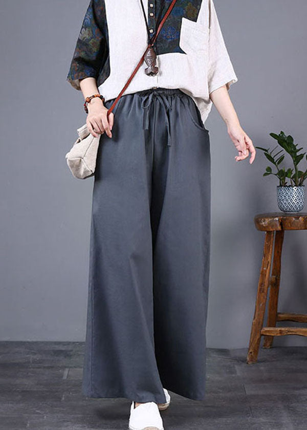 DIY Grey Pockets Elastic Waist Patchwork Cotton Wide Leg Pants Summer LY5673 - fabuloryshop