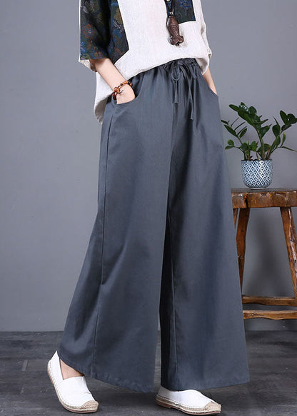 DIY Grey Pockets Elastic Waist Patchwork Cotton Wide Leg Pants Summer LY5673 - fabuloryshop