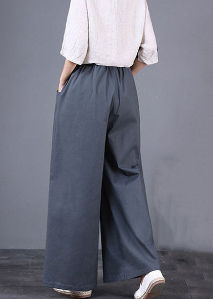 DIY Grey Pockets Elastic Waist Patchwork Cotton Wide Leg Pants Summer LY5673 - fabuloryshop