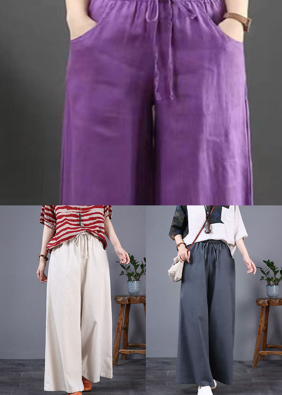 DIY Grey Pockets Elastic Waist Patchwork Cotton Wide Leg Pants Summer LY5673 - fabuloryshop