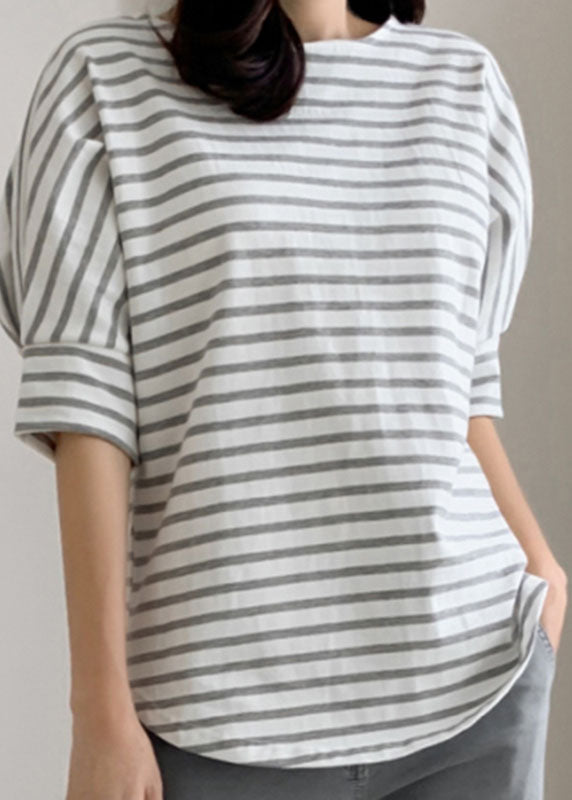 DIY Grey Striped O Neck Cotton T Shirt Tops Puff Sleeve LY2153 - fabuloryshop