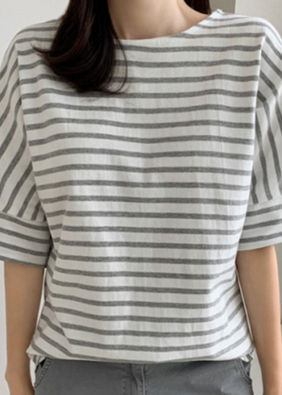 DIY Grey Striped O Neck Cotton T Shirt Tops Puff Sleeve LY2153 - fabuloryshop