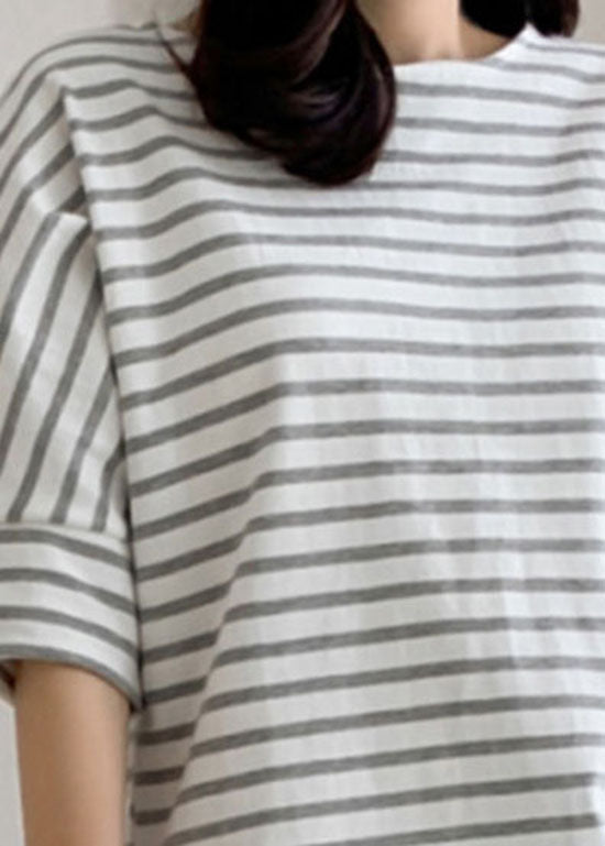 DIY Grey Striped O Neck Cotton T Shirt Tops Puff Sleeve LY2153 - fabuloryshop