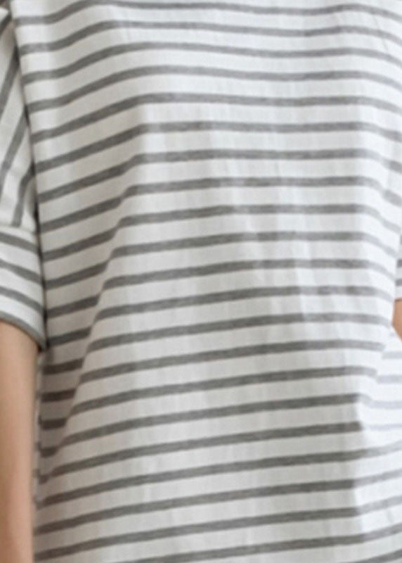 DIY Grey Striped O Neck Cotton T Shirt Tops Puff Sleeve LY2153 - fabuloryshop