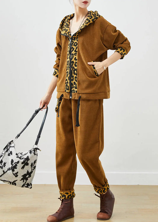 DIY Khaki Leopard Patchwork Drawstring Warm Fleece Two Pieces Set Winter Ada Fashion
