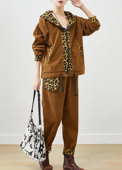 DIY Khaki Leopard Patchwork Drawstring Warm Fleece Two Pieces Set Winter Ada Fashion