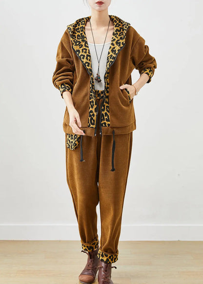 DIY Khaki Leopard Patchwork Drawstring Warm Fleece Two Pieces Set Winter Ada Fashion