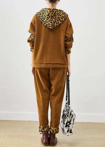 DIY Khaki Leopard Patchwork Drawstring Warm Fleece Two Pieces Set Winter Ada Fashion