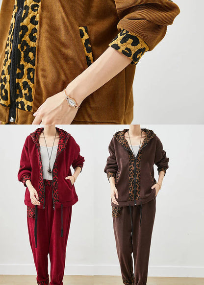 DIY Khaki Leopard Patchwork Drawstring Warm Fleece Two Pieces Set Winter Ada Fashion