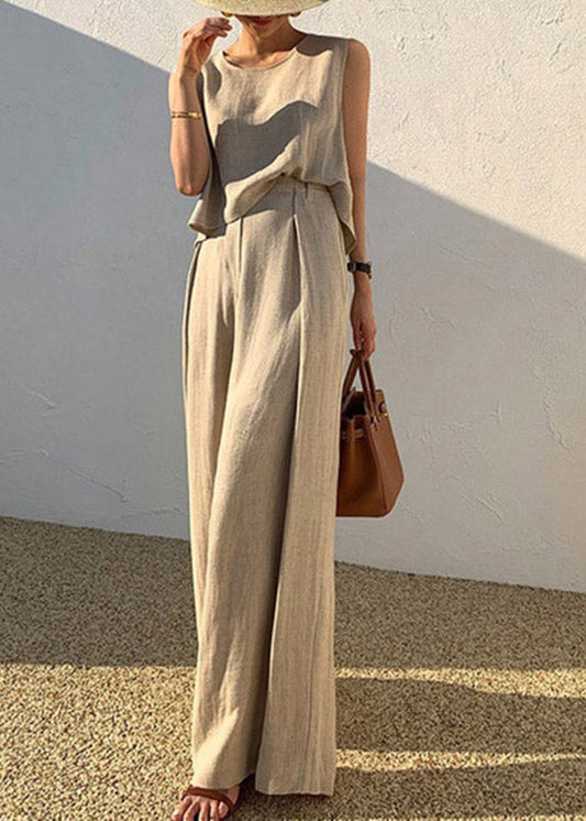 DIY Khaki O-Neck Vests And Wide Leg Pants Two Pieces Set Summer LY3903 - fabuloryshop