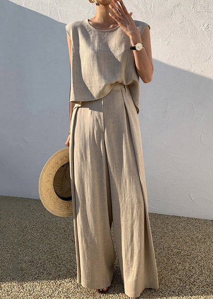 DIY Khaki O-Neck Vests And Wide Leg Pants Two Pieces Set Summer LY3903 - fabuloryshop