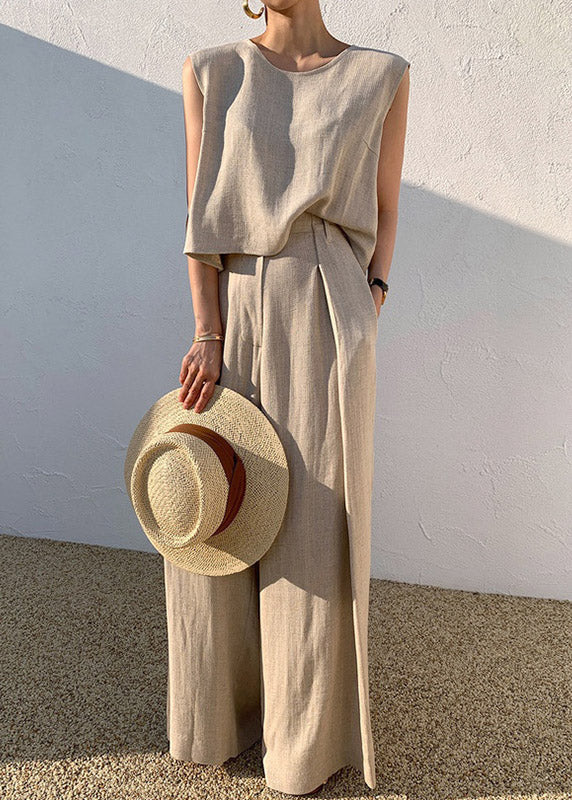 DIY Khaki O-Neck Vests And Wide Leg Pants Two Pieces Set Summer LY3903 - fabuloryshop