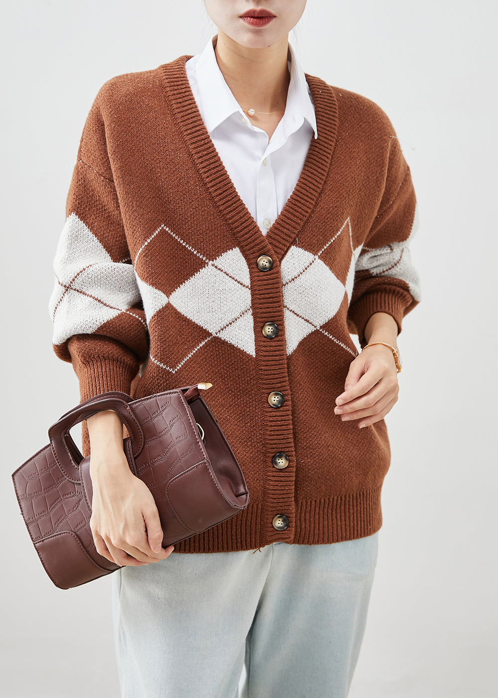 DIY Khaki Oversized Print Knit Cardigan Winter Ada Fashion