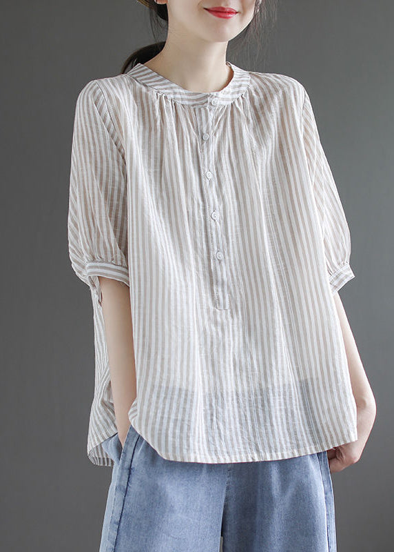 DIY Khaki Oversized Striped Cotton Shirt Half Sleeve LY4923 - fabuloryshop