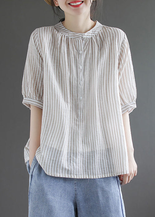 DIY Khaki Oversized Striped Cotton Shirt Half Sleeve LY4923 - fabuloryshop