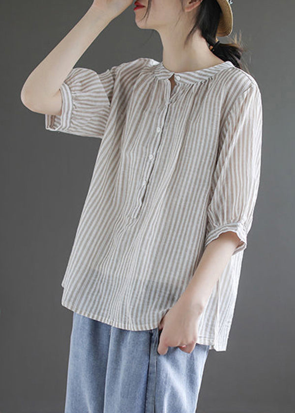 DIY Khaki Oversized Striped Cotton Shirt Half Sleeve LY4923 - fabuloryshop