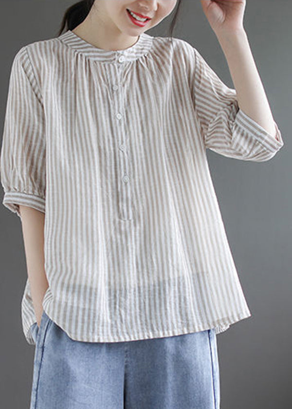 DIY Khaki Oversized Striped Cotton Shirt Half Sleeve LY4923 - fabuloryshop