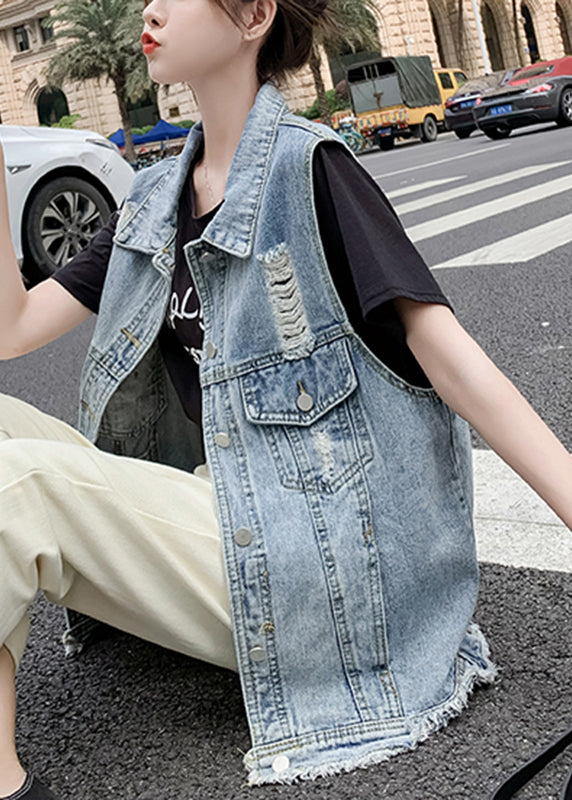 DIY Light Blue Peter Pan Collar Denim Waistcoat Sleeveless Ada Fashion