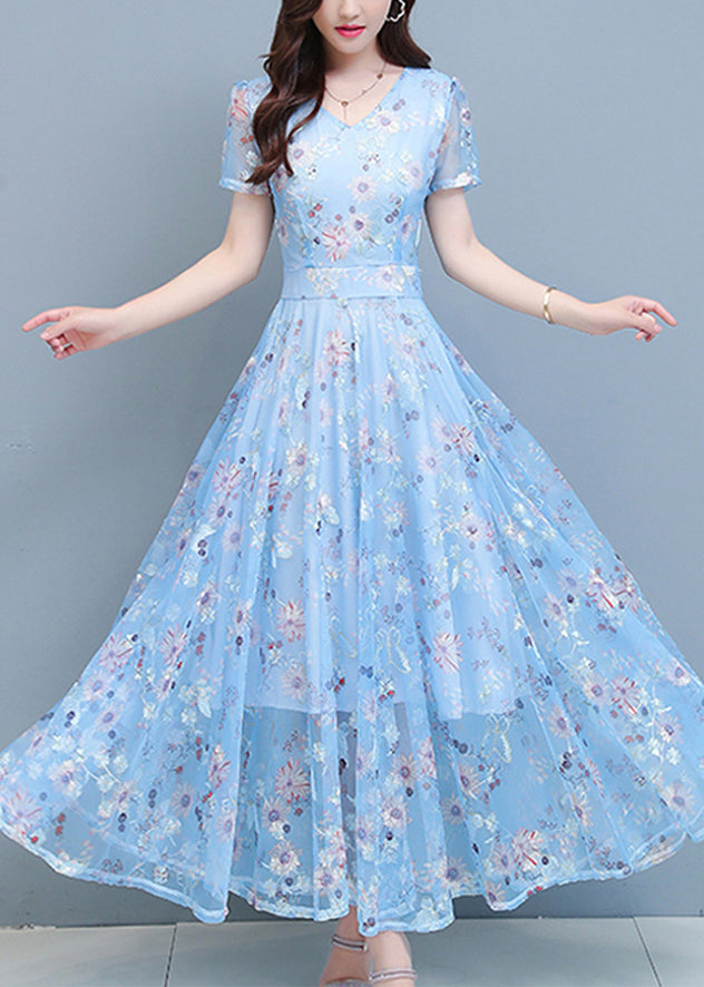 DIY Light Blue Print Chiffon Long Beach Dresses Summer LY1793 - fabuloryshop