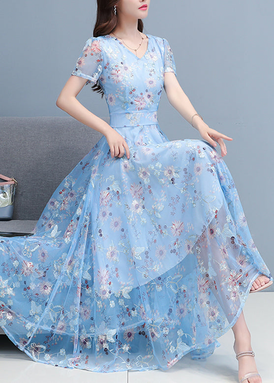 DIY Light Blue Print Chiffon Long Beach Dresses Summer LY1793 - fabuloryshop