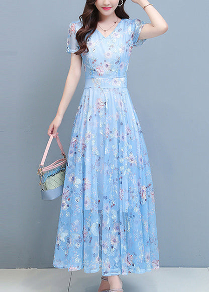 DIY Light Blue Print Chiffon Long Beach Dresses Summer LY1793 - fabuloryshop