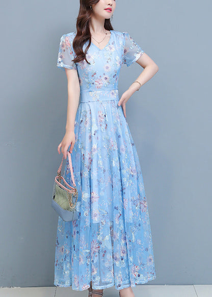 DIY Light Blue Print Chiffon Long Beach Dresses Summer LY1793 - fabuloryshop