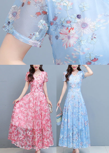 DIY Light Blue Print Chiffon Long Beach Dresses Summer LY1793 - fabuloryshop