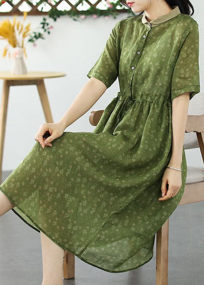 DIY Light Green Print Drawstring Button Patchwork Linen Dress Summer LY2540 - fabuloryshop