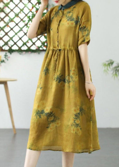 DIY Light Green Print Drawstring Button Patchwork Linen Dress Summer LY2540 - fabuloryshop