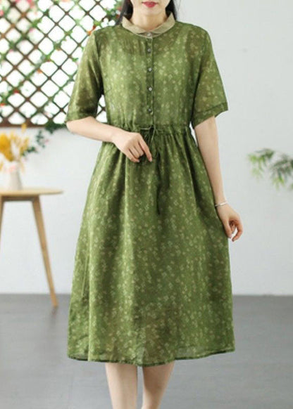 DIY Light Green Print Drawstring Button Patchwork Linen Dress Summer LY2540 - fabuloryshop