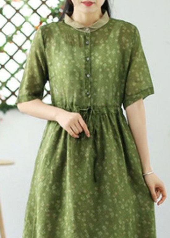 DIY Light Green Print Drawstring Button Patchwork Linen Dress Summer LY2540 - fabuloryshop