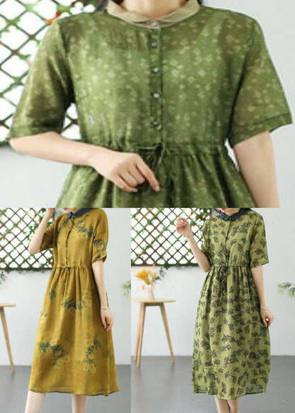 DIY Light Green Print Drawstring Button Patchwork Linen Dress Summer LY2540 - fabuloryshop