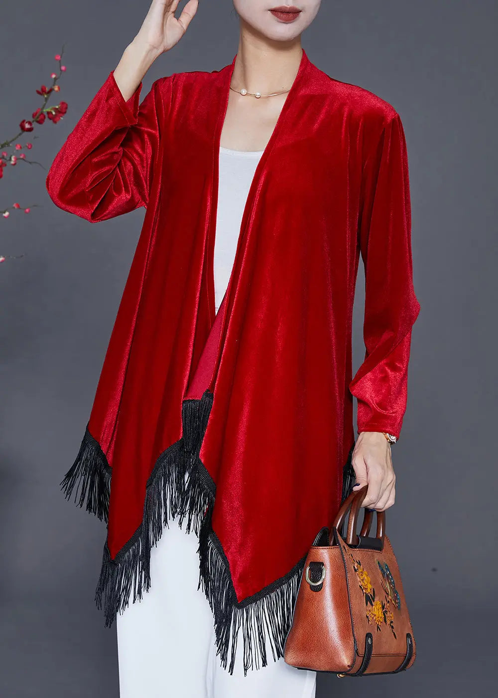 DIY Mulberry Tasseled Patchwork Silk Velour Cardigan Fall Ada Fashion