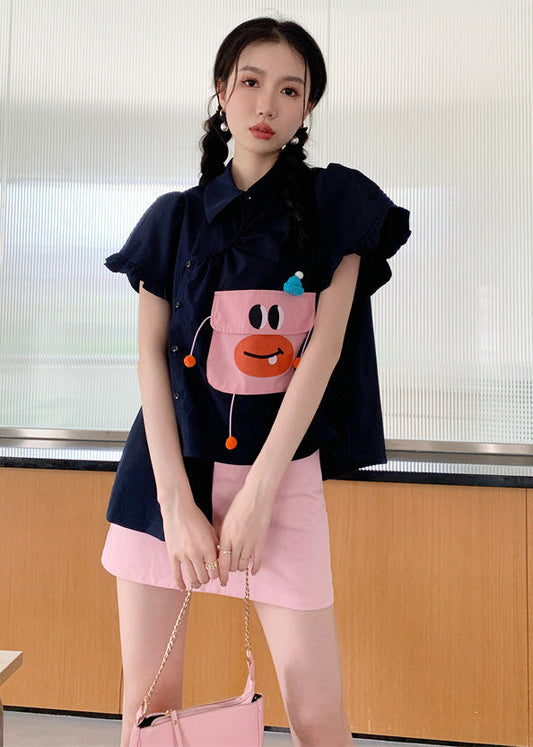 DIY Navy Asymmetrical Design Cartoon Pocket Cotton Shirt Puff Sleeve Ada Fashion