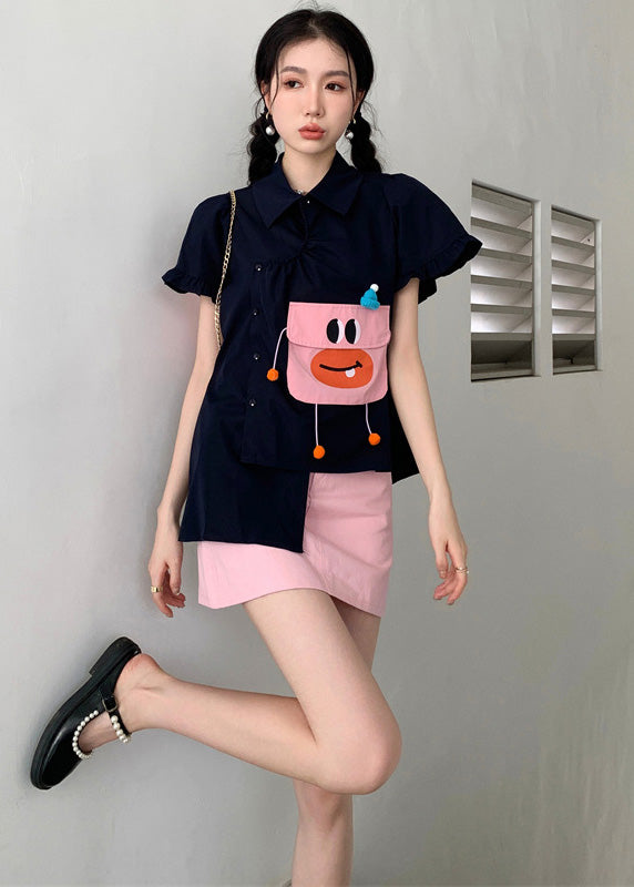 DIY Navy Asymmetrical Design Cartoon Pocket Cotton Shirt Puff Sleeve Ada Fashion