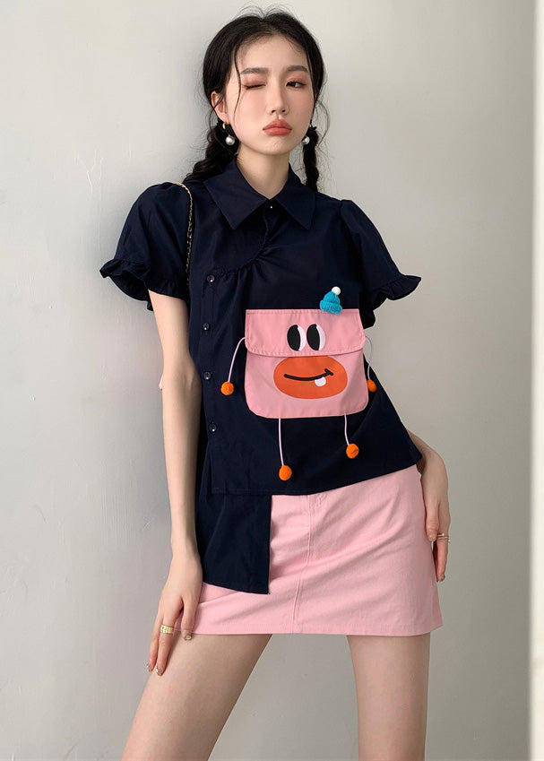 DIY Navy Asymmetrical Design Cartoon Pocket Cotton Shirt Puff Sleeve Ada Fashion